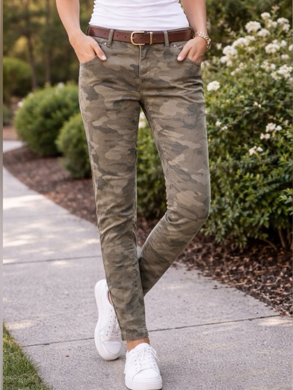 New Banana Republic Sloan Pants Womens 4P 4 petite Green Camo Stretch Skinny